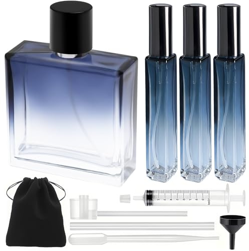 Maxumille 4 Packung Zerstäuber Parfüm 100ml + 3x10ml mit 7 Zubehör, Gradient Blue Parfümzerstäuber Leere 100ml zum Befüllen, Travel Glas Parfum Flakon Leer Nachfüllbar, Parfümflaschen für Reise Parfüm