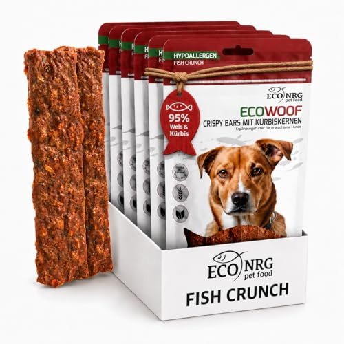 ECO WOOF snack per cani naturali | Strisce da masticare al pesce gatto con semi di zucca | 6×125g | Monoproteico | Senza cereali | Ricco di Omega-3 e 6 | Snack per cani per pelle e pelo