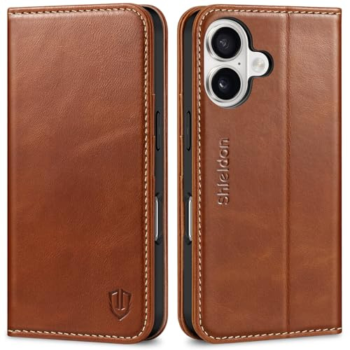SHIELDON Echtleder Hülle für iPhone 17 6,3 5G 2025, Retro Braun | Handyhülle, Kartenfach, Ständer, Magnetverschluss, RFID Blocker, Handy-Ösen, Stoßfest Case, Lederhülle, TPU Schutzhülle
