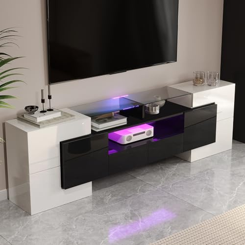 Lahoomu Stilvoller TV-Schrank, Niedriges Panel, Hochglanz-Weiß und Schwarz, 200 cm, LED-Beleuchtung, Wohnzimmermöbel, Elegante Glasoberfläche