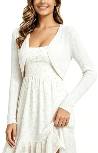 Boléro Femme Tricot Gilet Veste Cardigan Court Évidée Extensible Manches Longues Chic Confortable Chaud Rétro Elégante Soirée Fête Décontracté Blanc XL