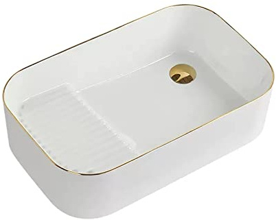 Lavabo de cerámica Blanca de Porcelana, Rectangular, sobre encimera, de Porcelana, para baño, Estilo tocador, con Acabado artístico, Color único, 60 cm.