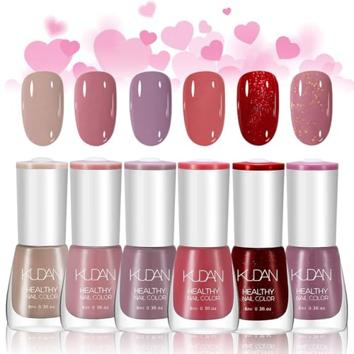 DMQ Pink Nail Polish Set, 6PCS Quick Dry Nail Varnish Kit, Long-lasting Nude Red Purple Glitter Holographic Nail Paint Gel, Non-Toxic Water Based Nail Lacquer for Girl DIY Nail Art Home - No UV Need