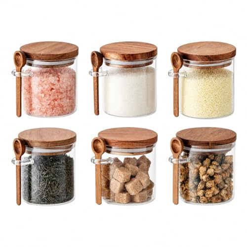 Eden & Willow 350ml Glass Spice Jars with Lids, 6 Pcs Airtight Spice & Food Storage Jars, Small Acacia Sealed Herbs & Seasoning Container with Spoon, Kitchen Pantry Storage & Organisation