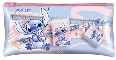 HOVUK Lot de 5 trousses à crayons pour garçons de 3 ans et plus, Disney Sttch, 18 x 9 cm (LxW), 16 cm ruler, Trousse de maquillage