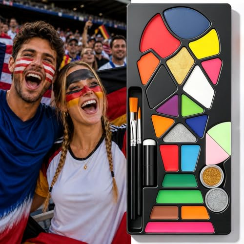 Kinderschminke Set 20 Farben, Schminke mit Pinsel & Glitzer, Waschbare Gesichtsfarben für Kinder und Erwachsene, Karneval Fan-Party, Spieltag Festival Make-up