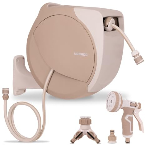 VONROC Avvolgitubo Automatico con Tubo Premium 30 m | Riavvolgimento Automatico | Pistola a 8 Getti | Avvolgitubo da Parete per Irrigazione Giardini Grandi Beige