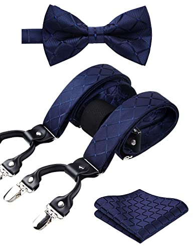 HISDERN Bow Tie and Suspenders for Men Blue Plaid Suspender and Bowtie Handkerchief Set Adjustable Y Shape 6 Clips Wedding Brace