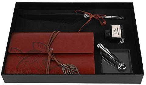 Retro Füllfederhalter Quill Pen Set,Klassische Retro Leder Notizbuch Füllfederhalter Geschenkbox Kit,Vintage Füllfederhalter Feder Dip Pen mit Ink Flasche Set für