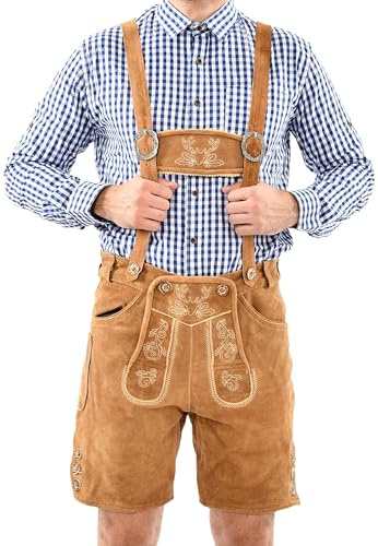 ALESSANDRO SALVARINI Herren Lederhose Tracht (Gr. 46-60) mit Träger - 100% Echtleder, Trachtenlederhose Kurz Oktoberfest Männer - AS-180