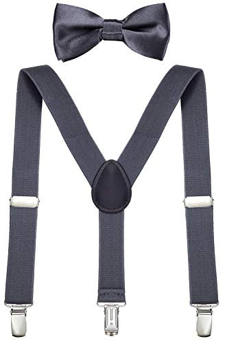 DonDon Set bretelle bambino e papillon grigio elastici e regolabili per bambini da 1 a 8 anni