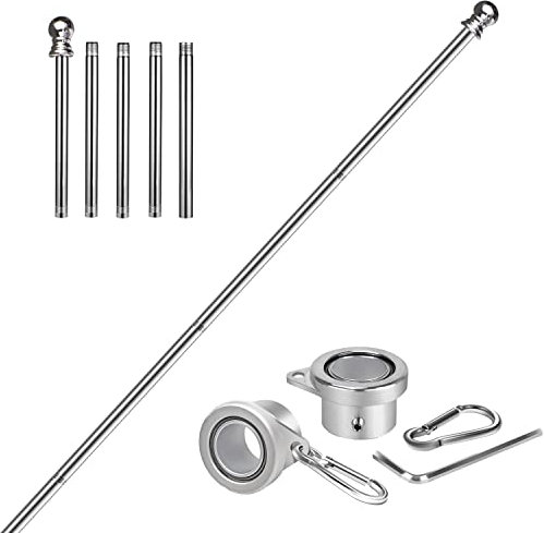 evertoco Asta per Bandiera in Acciaio Inox da 1,8 m, Senza grovigli, per Bandiere da 3 x 5, Kit con Asta per Bandiera antiruggine, Asta per Bandiera da Esterno per casa, Cortile, Giardino, Asta per