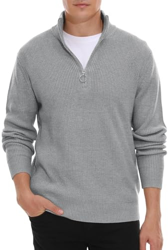 Hisir Men's Jumpers 1/4 Zip Tops Winter Warm Knit Polo Neck Jumper Long Sleeve Soft Cozy Turtle Neck Quarter Zip Knitwear Pullover Sweaters for Men (09 Grey, L)