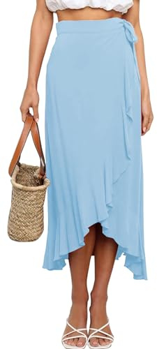 FEOYA Women's High Waisted Tie Wrap Midi Skirts Plain Ruffle Hem Split Maxi Wrap Skirts Casual Summer Beach Long Skirts Blue M