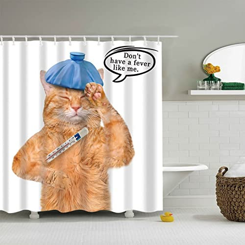 EHOMERY Duschvorhang Zubehör Duschrollo Nach Maß Kranke Katze Don't Have A Fever Linke Me Polyester Weißorange Rostfreie Ösen Und 12 Hakenringe, 180X180Cm