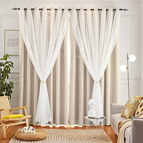 Loyala Tende con motivo stelle, a doppio strato, per camera da letto, tende per bambini, lunghe 274 cm, set da 2 pannelli, beige, 107 x 274 cm