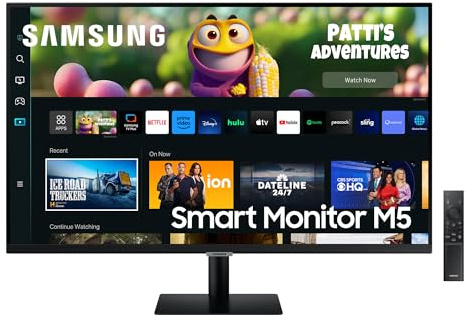 Samsung Smart Monitor Écran PC M5 32 dalle VA,UHD 4K :3840 x 2160, 3000:1, HDR10, 60 Hz, Smart Hub, Game Bar 2.0, TV Plus, Communication Vidéo, Workspace, Microsoft 365, Inclinable, HDMI, USB, Noir