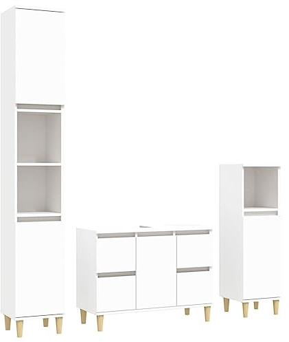 vidaXL Badmöbel Set 3-TLG., Badschrank Holzbeine, Badezimmer Unterschrank Hochschrank Midischrank, Badezimmermöbel, Weiß Holzwerkstoff