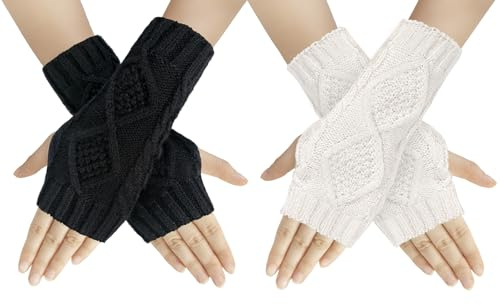 Chalier Fashion 2 Paires Demi Doigts Gants Mitaines Gants Femme Hiver Tricotés Chaud Simples Elegants