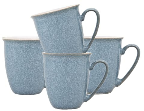 Denby - Elements Blue Large Coffee Mug Set of 4-11.15 Ounce Stoneware Tea Mug Set For Office & Home - Dishwasher Safe, Microwave Safe - Ceramic Tea Cups With Blue White Glaze