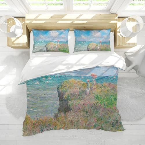 DINGSION Claude Monet Style Bettwäsche-Set 3-teilig bei einem Spaziergang auf den Klippen von Purville Schlafzimmer-Bettwäsche-Set mit 2 Kissen-Shams-Reißverschluss 200 x 200 cm