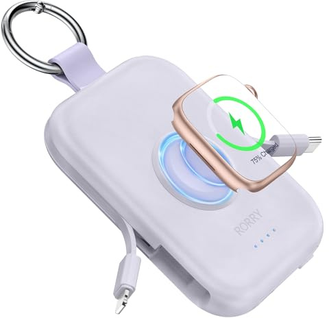 RORRY Power Bank, Powerbank de 5000mAh con Cable Integrado, Cargador Portátil de Viaje Llavero Baterías Externas para iPhone 17/16/15/14/13/12, Apple Watch Ultra/11/10/9/8/7/6/SE, Lila