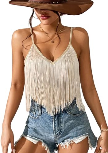 Womens Western Cowgirl Fringe Top - Country Concert Outfits Festival Tassel Hem Boho Rodeo Camisole Rave Tank Shirt(KhaKi,L,10742a)