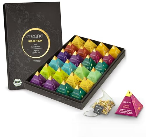 Creano Set de Regalo de Té Bio Organic Herbal Tea Infusión de Hierbas con 24 Bolsitas Piramidales en 9 Variedades Surtidas Sin Cafeína *