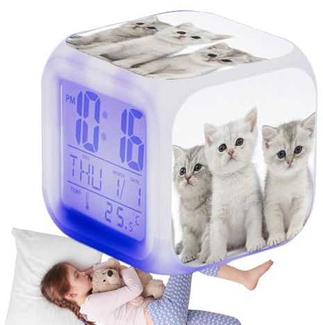 Sveglia digitale a LED, sveglia digitale per bambini, orologio digitale da tavolo a cubo, sveglia per bambini, sveglia elettronica colorata, orologio per amanti dei gatti per aula e soggiorno