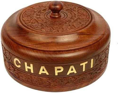 Handcrafted Wooden Chapati Box with Intricate Carved Lid 8 inch Diameter Wooden Casserole for CHAPATI & Bread with Engraved Design