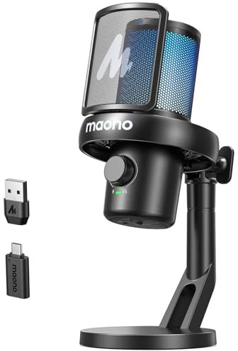 MAONO Microfono Wireless, Microfono PC con Software Cambiavoce Vocale IA, Cancellazione del Rumore, EQ personalizzata, Luci RGB Regolabili per Gioco, Podcasting, Streaming, DM40 Nero