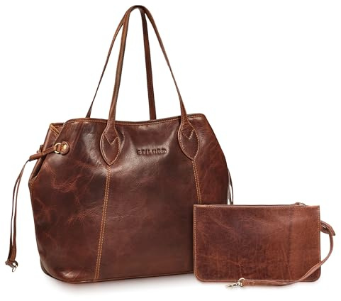 STILORD Camelia 2-Teilige Shopper Tasche Damen Groß Echt-Leder Handtaschen Set mit Geldbörse - Ledertasche für Frauen Große Schultertasche für Uni Arbeit und Freizeit Farbe:Kara - Cognac