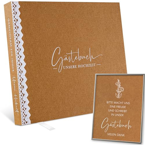 Love Notes Gästebuch Hochzeit mit Fragen zum Ausfüllen, Kraftpapier + Weiß | Hochwertiges Hochzeitsbuch, Kraftpapier Hardcover mit weißer Spitze, 70 Einträge: 50 Fragebögen + 20 Blankoseiten, Ringbuch