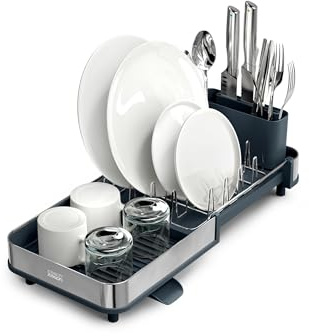Joseph Joseph Extend Slim Steel Expandable Dish Drying Rack with Removable Cutlery Holder and Swivel Draining Spout, Compact Design, Grey