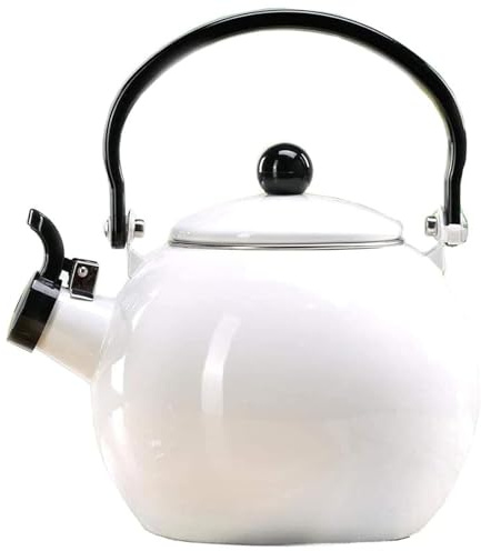 Bouilloire vintage en émail, théière portable, sifflante de 2 litres(Blanc)