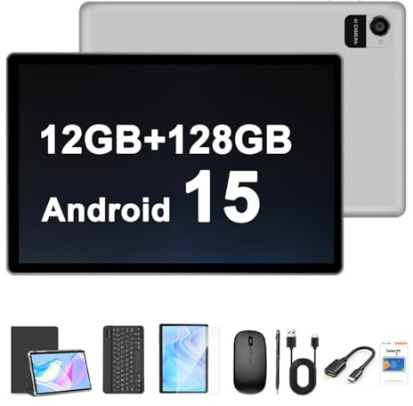 Crelander Tablette Android 15 10,1, tablette Android 12 Go + 128 Go, batterie 8000 mAh, écran tactile 1280 x 800, Wi-Fi 5G/Bluetooth, ensemble avec étui, clavier, souris et stylet (gris)