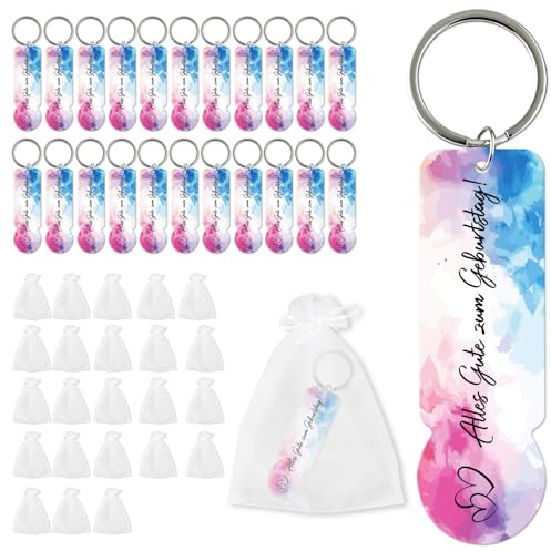 Anruzon 24 Stück Acryl Einkaufswagenchip Schlüsselanhänger mit 24 Stück Organza Taschen - Abziehbar Einkaufschip Schlüsselanhänger - Geburtstagsgeschenke für Männer Frauen - Alles Gute zum Geburtstag