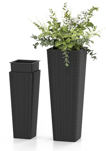 TANGZON Square Planter Set of 2, Tall Flower Pots with Drainage Holes & Removable Inner Container, Indoor Outdoor Flower Plant Pot Garden Decor (60 cm + 82cm Tall, Rattan Pattern)