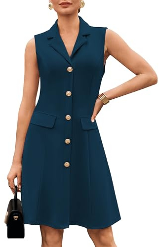 GRACE KARIN Robe d'été élégante pour femme - Sans manches - Col à revers - Taille haute - Ligne A - Longueur genou - Robe décontractée, Bleu paon, M