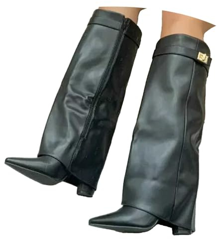 pvucpot Stivali Donna Invernali Cowboy Stivaletti Alti Tacchi Biker Fold Over Boots con Tacco