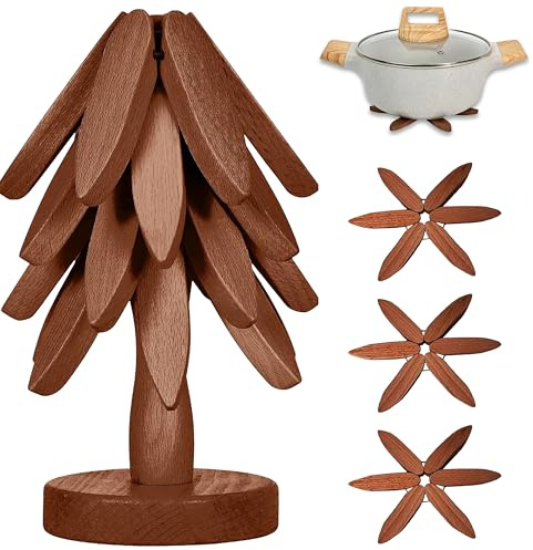 Wooden Trivets for Hot Dishes,Natural Tree Trivet Set,Foldable Wooden Trivet,Black Walnut Wooden Tree Coaster Set for Hot Dish/Pot/Bowl/teapot/hot Pot Set(4 Piece-Walnut)