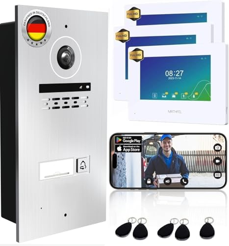 MATHFEL 1 Familienhaus 2 Draht Bus WLAN Video-Türsprechanlage, 3x7 Zoll Monitor mit Full HD 2 Megapixel 170 Grad Weitwinkelkamera -Außenstation in Silber mit RFID