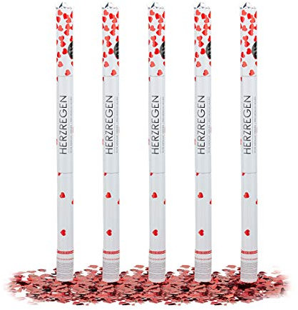 Relaxdays 5 x Party Popper 80 cm rote Herzen im Konfettikanonen Set, Konfetti Bombe für Jede Party, 6-8 m Effekthöhe, rot metallic