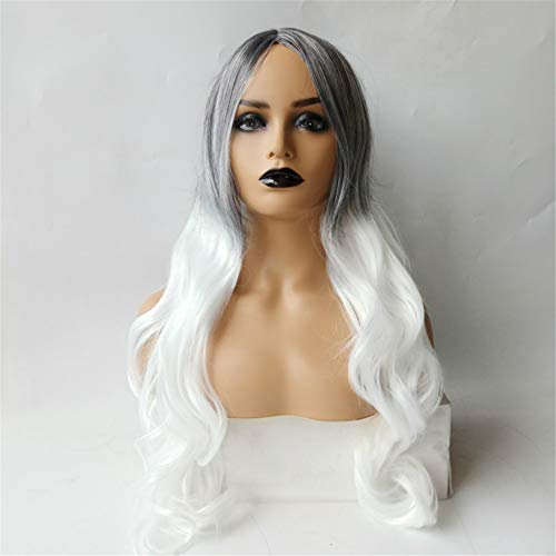 Lange Lockig Ombre Perücke Dunkel Wurzeln Mitte Teil Eisstockschießen Welle Realistisch Natürlich Synthetik Länge Lose Haar Perücken zum Damen Cosplay Party Kostüm,L