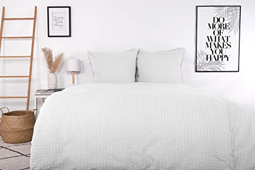 jilda-tex Seersucker Bio-Bettwäsche Uni 100% Baumwolle Valencia Sommerbettwäsche (Weiß, 135x200 + 80x80 cm)