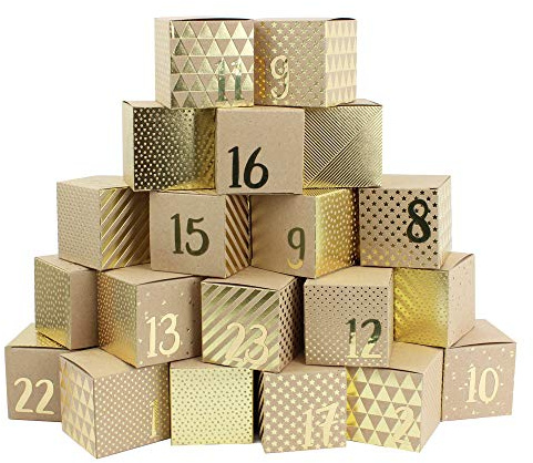 Papierdrachen Calendrier de l'Avent à remplir - 24 boîtes pour le bricolage - motif feuille d'or - 24 boîtes brunes naturelles en carton 400g/m² à monter et à décorer - 24 boîtes - Noël
