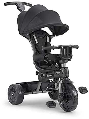 Joovy Tricycoo 4.1 Kids Tricycle with 4-Stages Featuring Extra-Wide Front Tire, Removable and Adjustable Parent Handle, Safety Harness, Machine-Washable Seat Pad, and Retractable Canopy (Black)