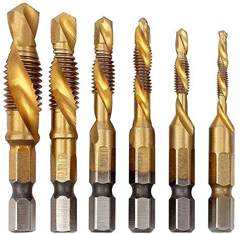 Gasea 6PCS HSS Countersink Tap Drill Bit Set, Hex Shank Titanium Coated Combination Screw Thread Metric Tap Drill Bits M3–M10 for Wood, Plastic, Aluminum, Copper, Soft Metals
