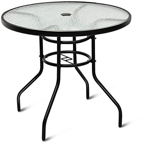 COSTWAY Tavolino Esterno in Metallo&Vetro, Foro per Ombrellone 4cm(81x71cm) | Tavolino da Bistro per Giardino Balcone Cortile, Portata 75 kg