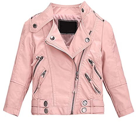 SXSHUN Läderjacka barn flickor jacka PU motorcykel bikerjacka övergångsjacka vår och höst, ROSA, 134 cm